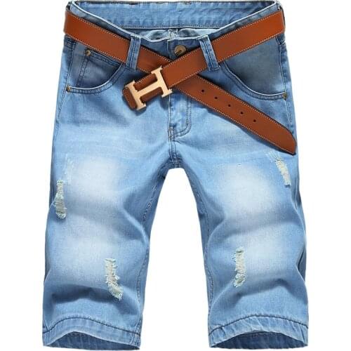 2019 New Summer Casual Light Blue Short Jeans Short Pants Size 42 No Belt Large Size Men Holes Denim Shorts Male Short Jeans