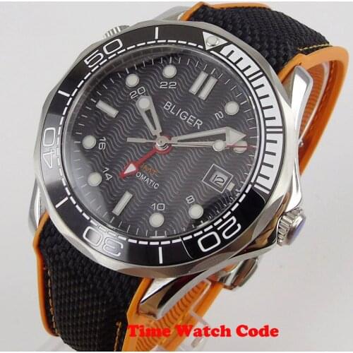 Bliger 41mm Automatic Mens Wristwatch GMT Date window Luminous hands Black Dial sapphire glass cerzmic bezel rubber strap