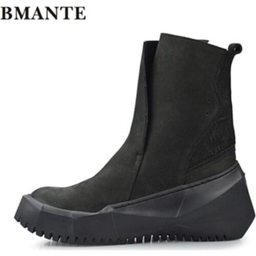 Bmante Men Boots Genuine Leather Increase Thick Bottom Slip-on Ankle Shoes Trainers Male Adult Casual Platform Black Sneaker