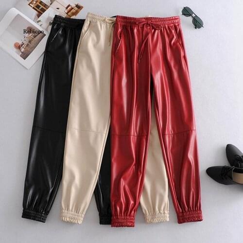 High Waisted PU Leather Pants Women Jogger Casual Fashion Side Pockets Straight Wide Leg Pants Loose Vintage Brown Trousers