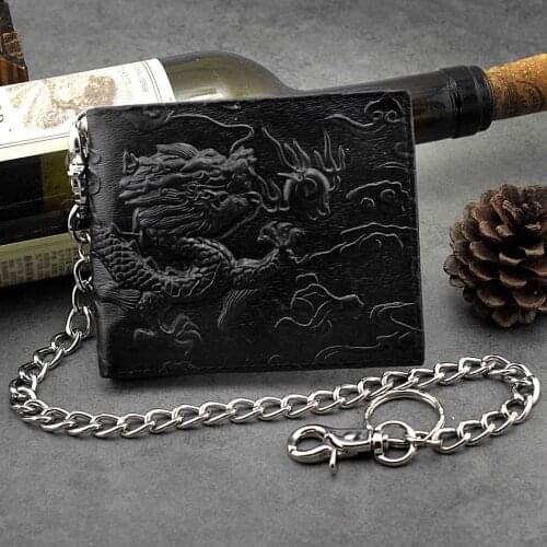 Balck Top Quality Mens Leather Vintage Dragon Wallet with Chain Card Holder Purse