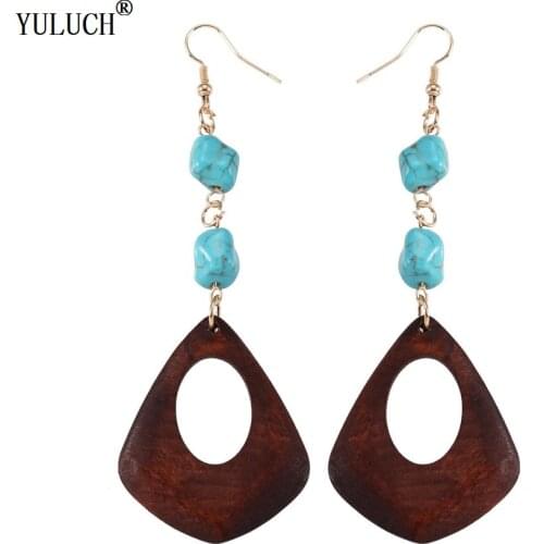 YULUCH Novetly 5 Colors Wooden Earrings Handmade Hollow Geometric Gold Hook Wooden Earrings For Woman Girls Trendy Jewelry