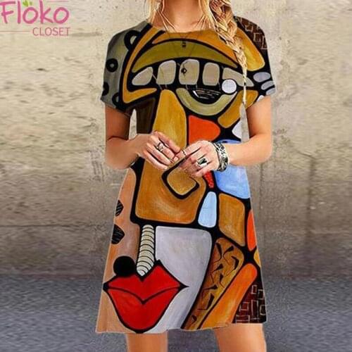 Flokocloset Summer Art Print Loose Short Sleeve Mini Dress Casual O-Neck Gothic Sundress for Women Party