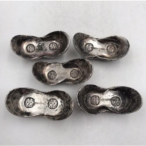Collection of Chinese Archaize Qing Dynasty Fu Lu Shou Xi Cai Silver Plated Ingot Statue Decoration