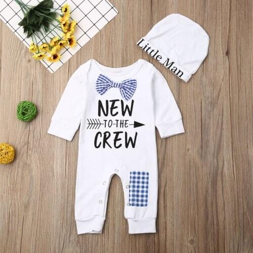 Pudcoco 0-6M Newborn Baby Boys Rompers Hats 2pcs Cotton Little Man Romper Jumpsuit Clothes Long Outfits Set Summer 2020