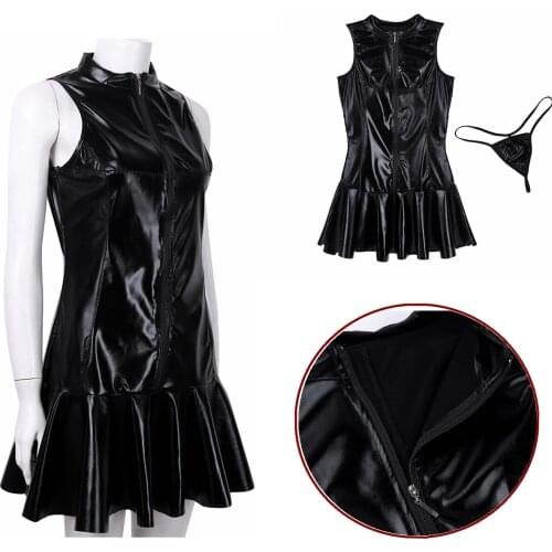 Leather Exotic Costume Lingerie PU Women Dress Dance Skirted High Collar Mini Dress Clubwear Dress Sets