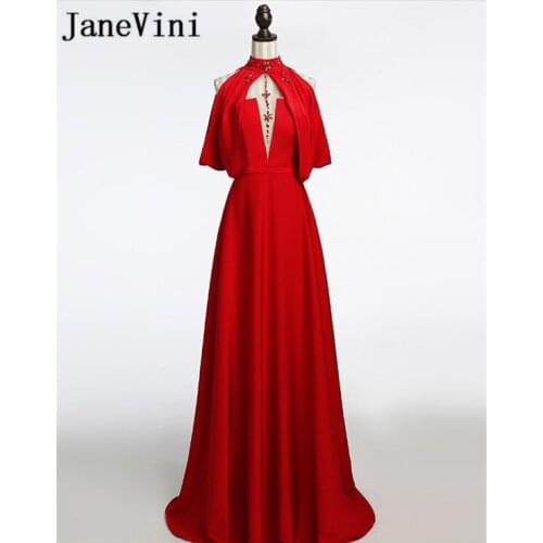 JaneVini Red Chic Beading Long Bridesmaid Dresses Satin A-Line High Neck Backless Floor Length Plus Size Girls Formal Prom Dress