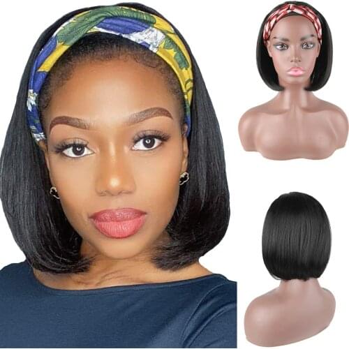 Kinky Straight Short Bob Headband Wigs for Black Women,Synthetic Natural Half Pixie Cut Bob Wigs Daily Use 10inch