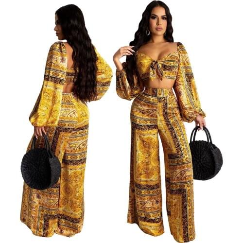 Fashion Print Pant Sets Long Sleeve V-neck Breast Wrap Open Navel Tops Straight Pants Two-piece Set Yellow Sexy Women Clothing