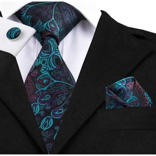 Mens Blue Floral Prints 100% Jacquard Woven Silk Neckties Hanky Cufflinks for Formal Business Wedding on Sale C-612