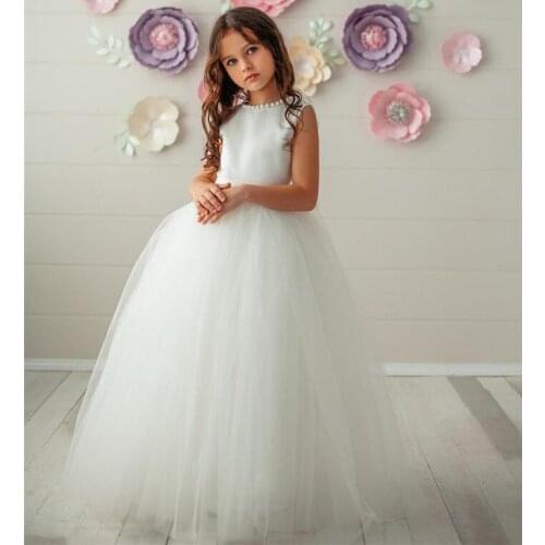 New Puffy Tulle Pearls Girls Dresses with Bow Flower Girl Dress for Wedding Girls Pageant Gown Size 2-14Y
