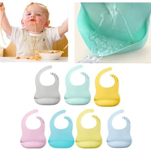 Solid Color Baby Silicone Waterproof Bib with Pockets Feeding Saliva Towel Apron