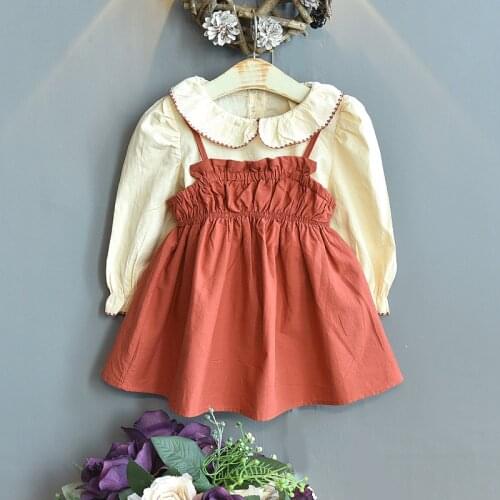 Fall Girls Clothing 2021 New Spring Autumn Long Sleeve Doll Collar Shirt & Sling Skirt Two-Piece Set Girl Clothes Outfits 2-6Y