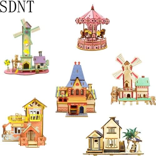 Holiday Villa Series 3D Wooden Puzzle Kids Toys DIY Manual Assembly Game Puzzle Wood Toys for Children Educational Toys Gifts