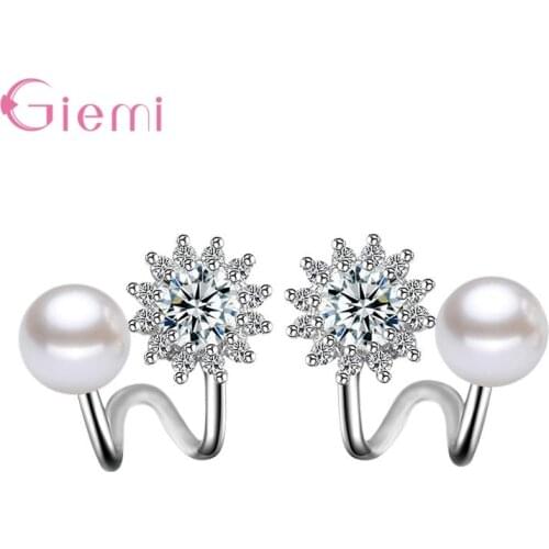 Fashion Trendy Simulated Pearl Earrings For Women Girl Cubic Zirconia Ear Clips Earring 925 Sterling Silver Rhinestone Jewelry
