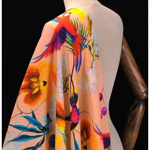 112CM Wide 19MM Birds and Floral Print Stretch Orange Silk Fabric Good for Spring Summer Dress Skirt Shirt Pants J173