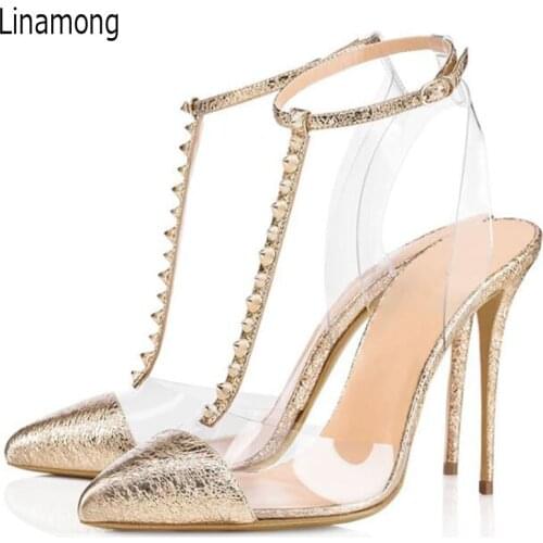 Sexy Summer Woman Patent Leather Toe PVC Patchwork Pumps Rivets Studs T-Strap Pointed Toe Stiletto High Heel Cut out Party Shoes