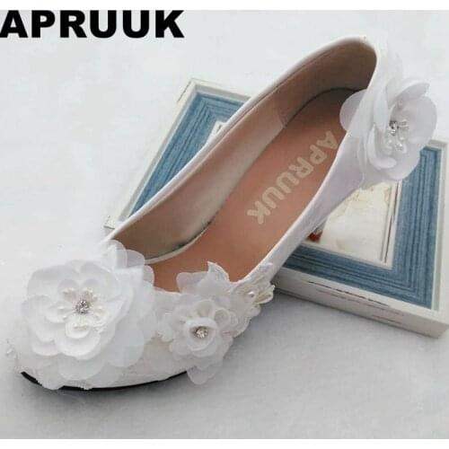 White organza flowers wedding shoes women handmade sweet elegant fashion female womens wedding brides pumps shoes