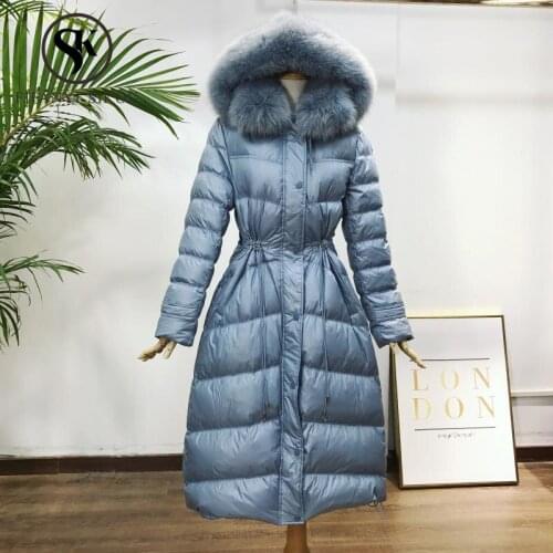 High quality White duck down Coat Womens Natural Fox Fur collar Hooded Down coat Warm Parkas 2019 Winter Women Long Down jacket