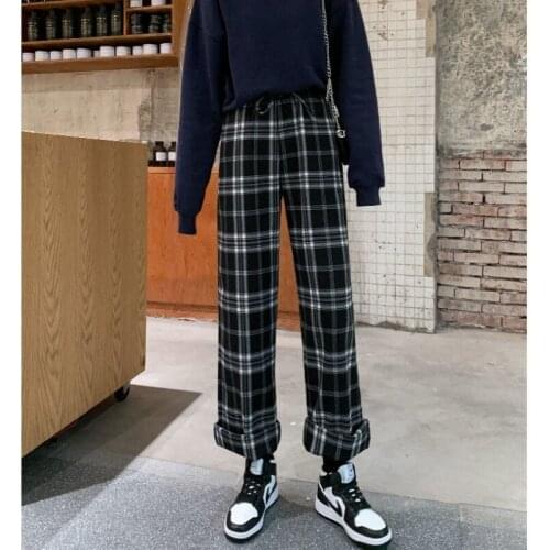 2021 New Plaid Pants Female Students Loose Wild Spring New Trend INS Harajuku Style Wide Leg Casual Pants