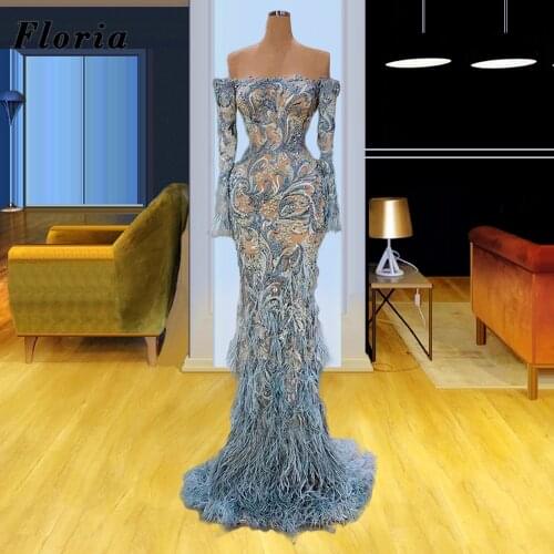 Custom Fabric Blue Beaded Evening Dresses Robe De Soiree 2021 Arabic Long Party Night Feathers Celebrity Gowns Formal Prom Dress