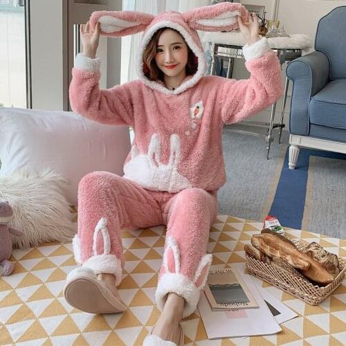 2020 Winter Women Pajamas Sets Coral Flannel Sleepwear Suit Thick Warm Cartoon Animal Rabbit Homewear Pijama Mujer Night Clothes