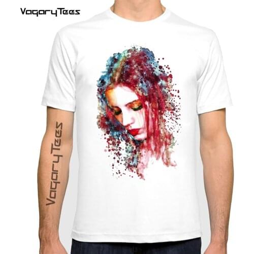 Vagarytees 2021 Summer Creative Tshirt Sad Woman Print Tee Homme Hand-painted watercolor Color Human Art Tshirt