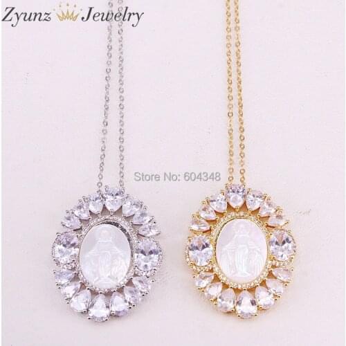 5PCS, Mop Shell Jewelry Jesus Mary pendant, CZ Micro Pave Mother of Pearl Shell with Gold/Silver Color Pendant Necklace