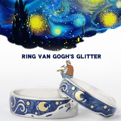 2021 Prevent Allergy Moon Starry Night Van Gogh Couple Rings Art Jewelry Real Pair Rings For Women Man Lovers Best Gift