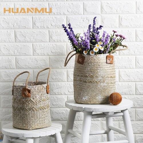 2Pcs/Set Handmade Bamboo Storage Baskets Natural Seagrass Wicker Basket Garden Flower Pot Laundry Basket Container Toy Holder