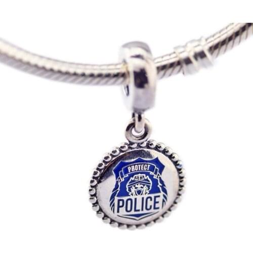 Fits Pandora Bracelets 925 Sterling Silver Blue Enamel Police Dangle Charms Beads for Jewelry Making Women Accessories