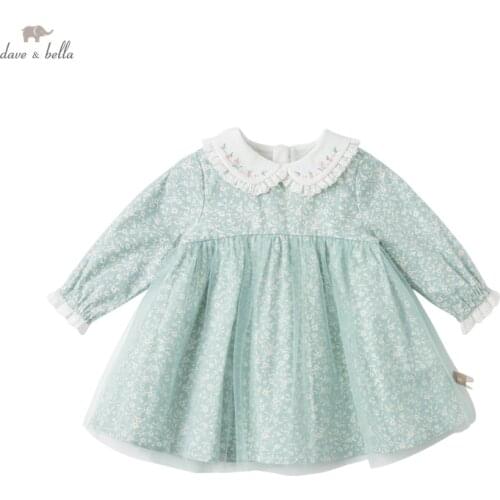 DBZ17123 dave bella spring baby girls cute floral print mesh dress children fashion party dress kids infant lolita clothes