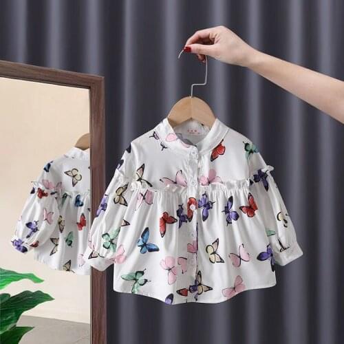 Kids Girls Butterfly Print Blouses Spring Autumn Children Loose Shirt Bubble Sleeve Baby Blouses Floral Long Sleeve Shirt 1-6Y