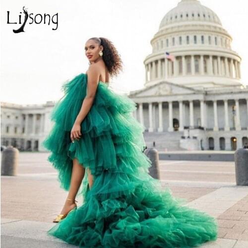 Fashion Emerald Green Ruffles High Low Prom Dresses Off The Shoulder Puffy Long Tulle Prom Gowns Plus Size Formal Party Dress
