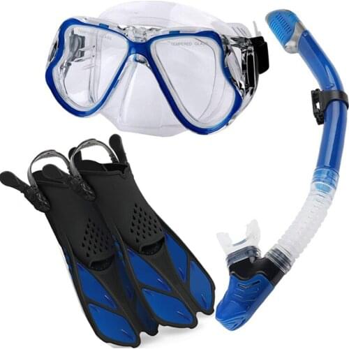 3 Piece Set Snorkeling Mask Gear Suit Big Frame Tempered Glass Adult Diving Goggles Full Dry Snorkel Long Fins Snorkeling Set