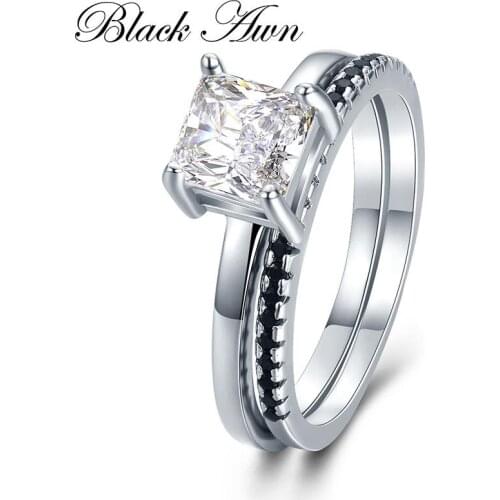 [BLACK AWN] 2.5g 925 Sterling Silver Jewelry Row Black Stone Wedding Ring Sets for Women Femme Bijoux Bague C436