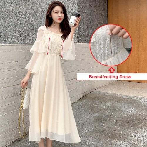 Summer Lace Maternity Breastfeeding Long Dress Clothes Chiffon Sleeve Pregnant Women Lace Nursing dress For Pregnancy Women