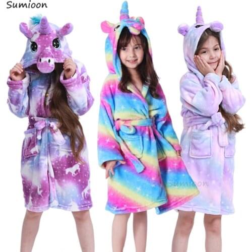 Cute Boys Girls Animal Kigurumi Unicorn Bathrobe Hooded Bath Robes Infant Baby Long Sleeve Hoodies Belt Bathing Robes Sleepwear