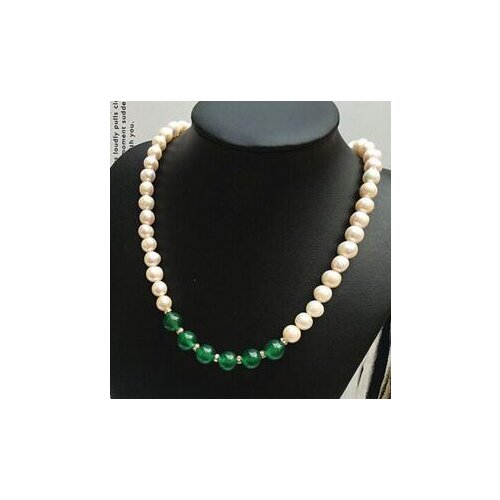 Genuine 9-10mm Natural White Cultured Pearl 10mm Green Jade Gems Necklace 18