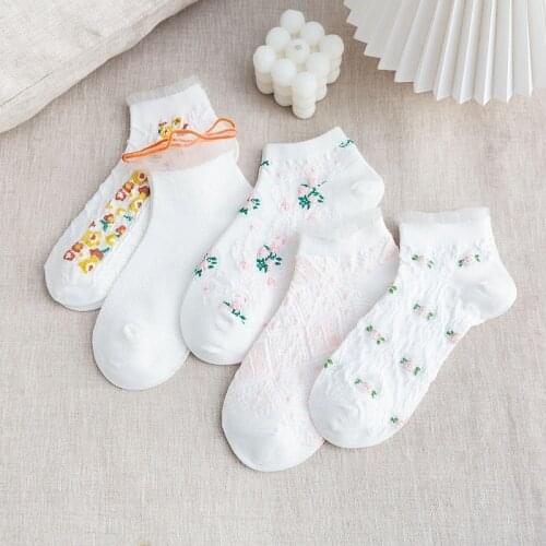 Ultra-Thin Women Pure Cotton Boat Socks Summer Fungus Lace White Breathable Flowers Casual High Elastic Girls Ankle Socks