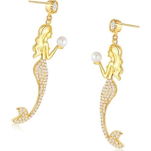 New Chinese Fashion Gold Mermaid Earrings Pearl Earrings Bridal Engagement Party Wedding Jewelry Accessories for Women Girl Gift