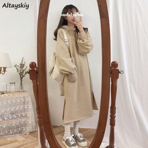 Thicker Dress Women Korean Lovely Simple Fashion Preppy Loose Spring Plus Velvet Ladies Outerwear Popular Hooded Teens Vestido