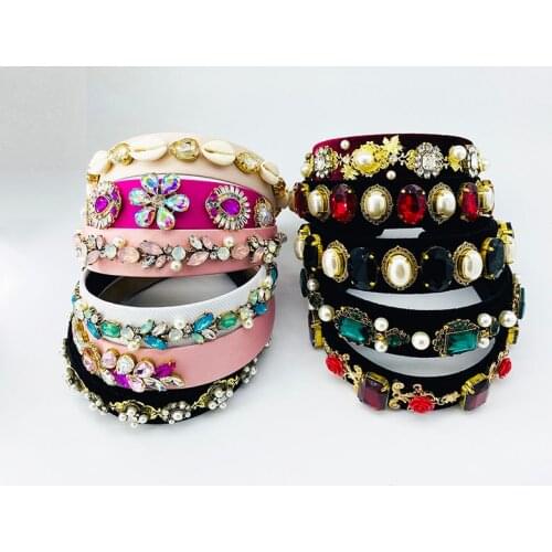 Headwear Rhinestone black women Headband Wide side hairband With large full colorful crystal stone adjustaple Hair Accessories