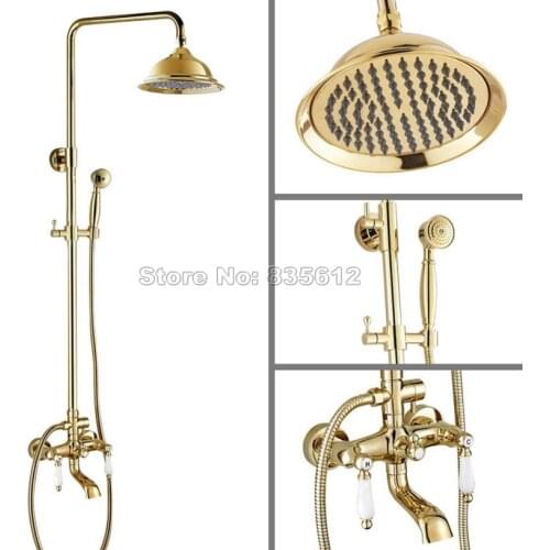Luxury Gold Color Brass Rain Shower Faucet Set with Handheld Shower Head Bathroom Wall Mounted Clawfoot Bathtub Mixer Tap Wgf363