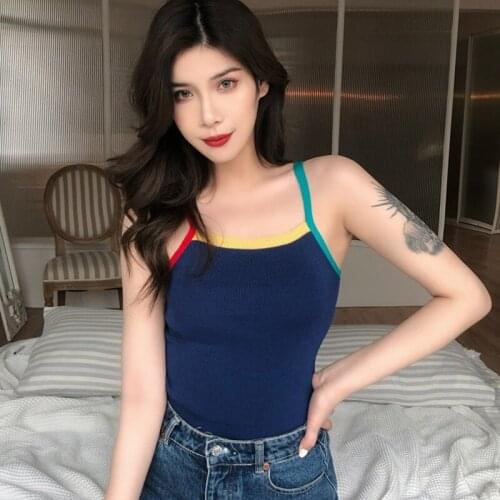 Sexy Fresh Contrast Color Bottoming Vest Summer Slim Sweet Camis Women Knitted Camisole 2021