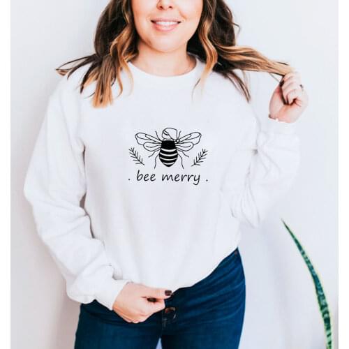 Bee Merry Christmas Womens 100%Cotton Print Sweatshirts Autumn Winter Funny Casual O-Neck New Year Holiday Long Sleeve Tops