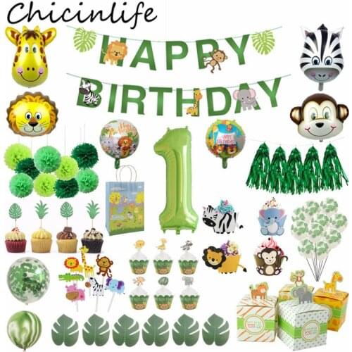 Chicinlife Jungle Party Cupcake Toppers Banner Balloon Paper Bags Candy Box Wild Safari 1st Birthday Party DecorSupplies