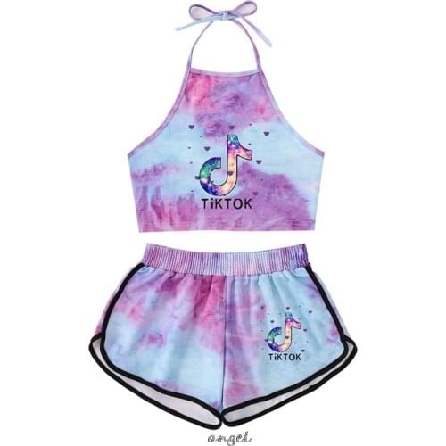 Tik Tok Tops Sexy Women Summer Tie-dye Tops Sleeveless Short Cotton +Trunks Short suits birthday gift