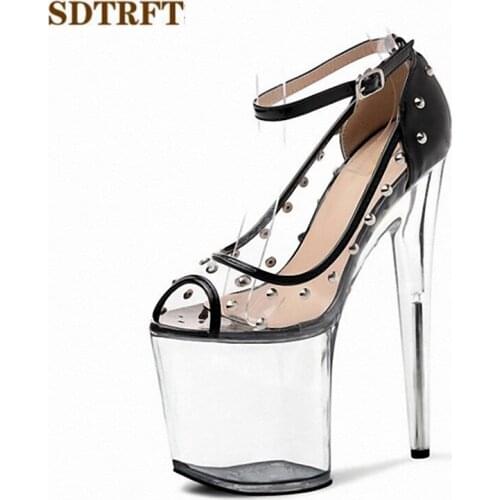 SDTRFT Pumps Platform women shoes 20cm Thin heels zapatos mujer feminino sexy mesh Crossdresser Stiletto peep toe polka dot plus