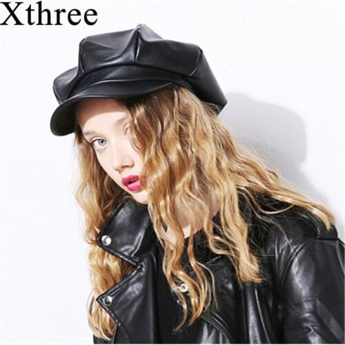 Xthree Spring auturn PU leather womens hat cap fashion octagonal hat with visor girl hat
